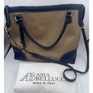 AB ASIA BELLUCCI, Beige & Blue Saffiano Italian Leather -Tote Handbag, 29-11